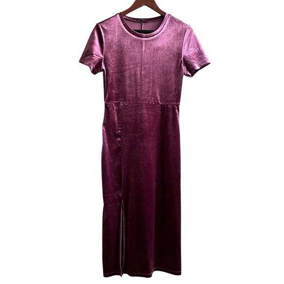 🔟 Zara Raspberry Velvet Bodycon Midi Dress Side Slit  Large - Picture 3 of 11
